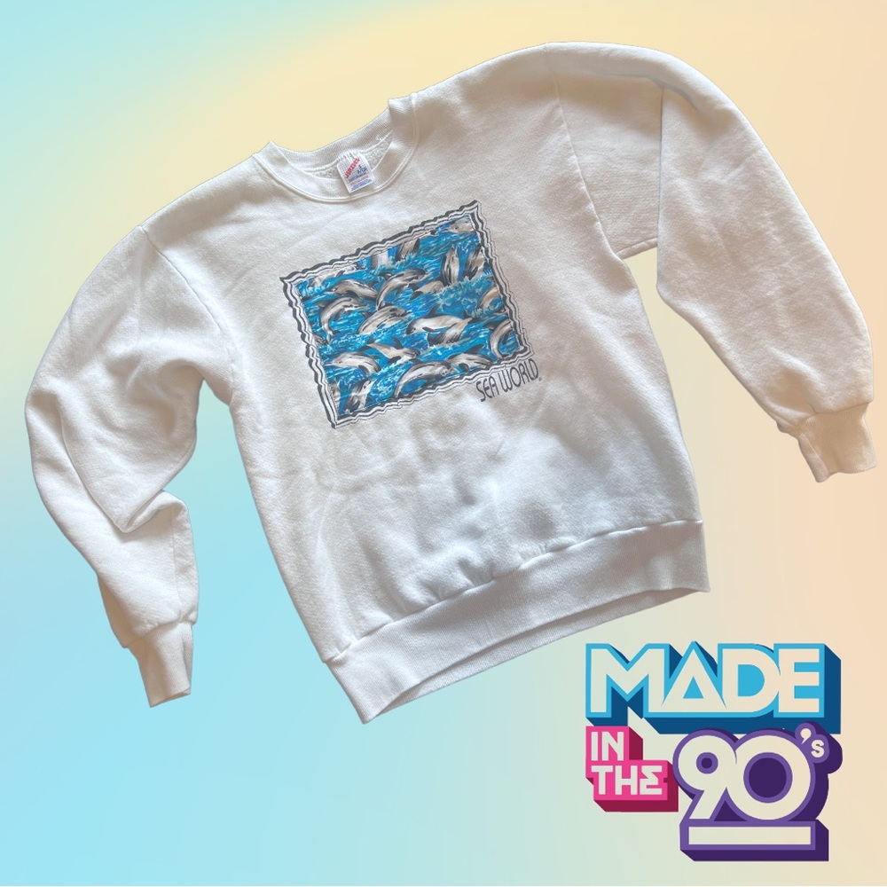VTG 90's White JERZEES Sea World Pullover Sweater w/ Dolphin Material Patch Sm